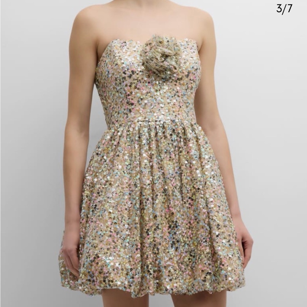 🩷🩶🤎💛Liv Foster - Strapless Mini Sequin Bubble Skirt Front Rosette  Party Dress -
